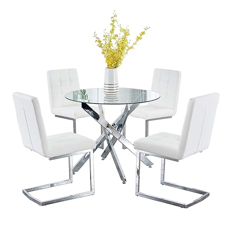 Gizza Mars Clear Small Round Glass Dining Table And 4 White Chairs