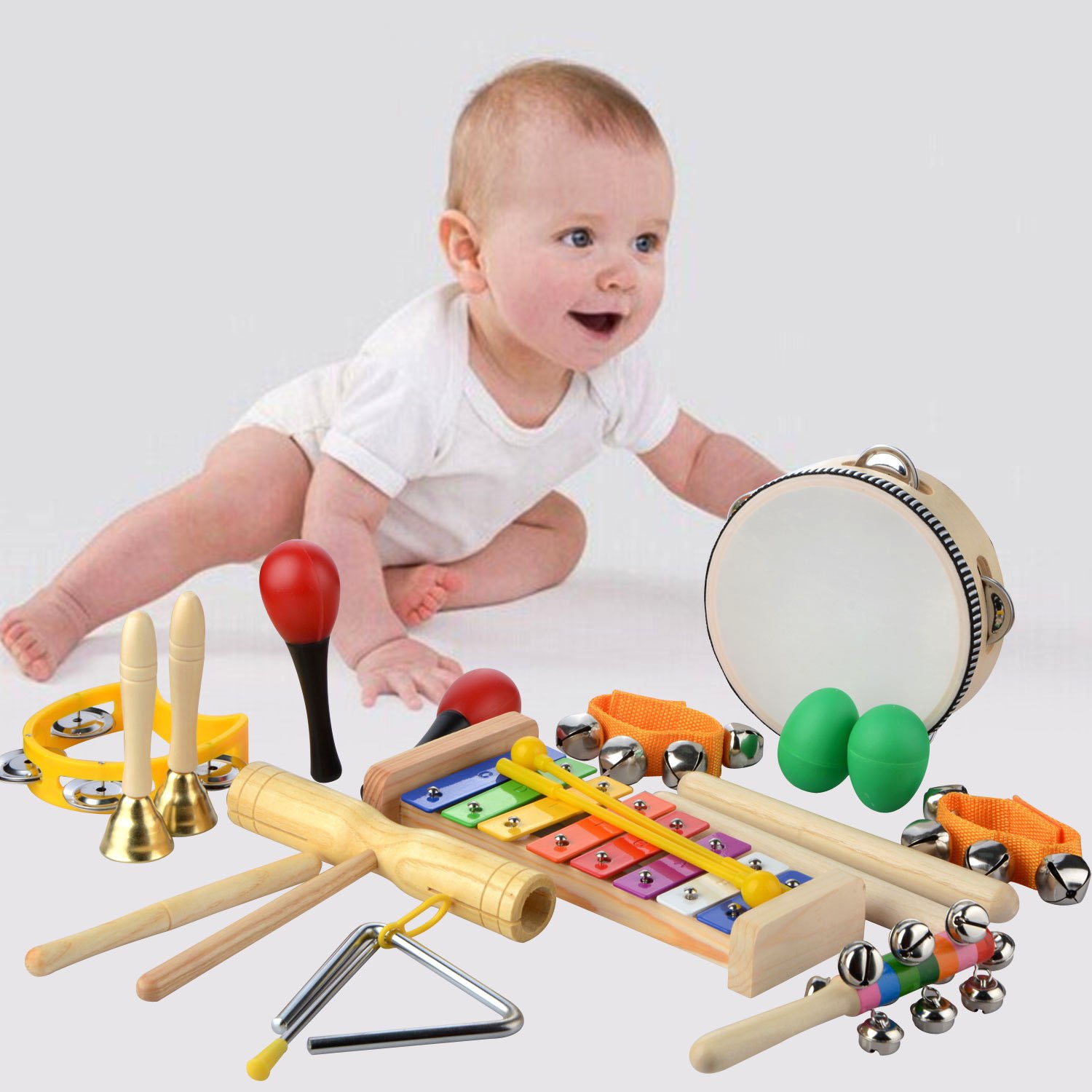 MUITOBOM 20 Pcs Toddler & Baby Musical Instruments Set – Percussion Toy Fun Toddlers Toys Wooden Xylophone Glockenspiel Toy Rhythm Band Set, Percussion Set for Kids of All Ages