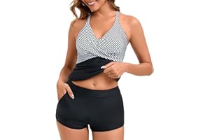 PinUp Angel Women Tankini Swimsuits with Shorts, Two Piece Tummy Control Bathing Suits Halter Back Cross Swimwear