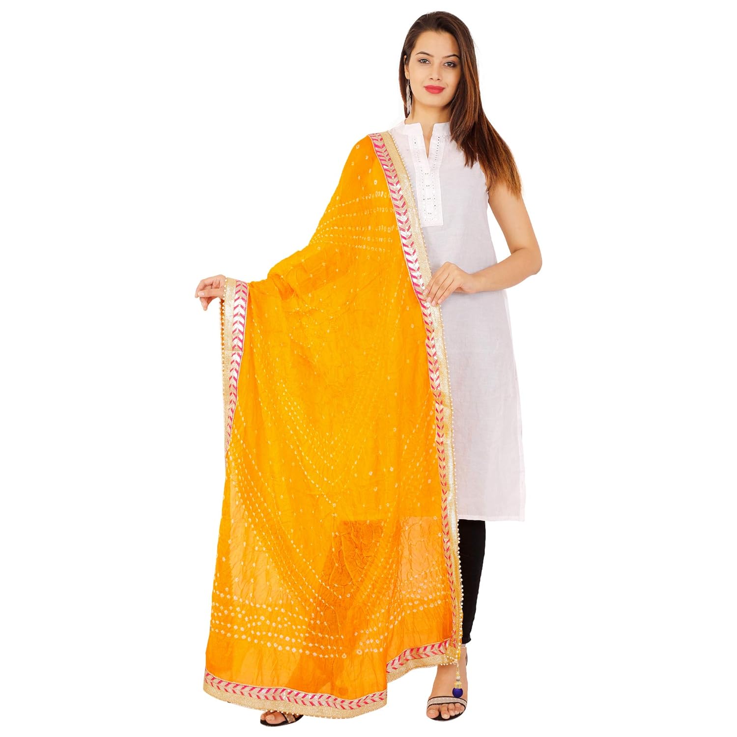 dee desi women's bandhej gota embroidered art silk dupatta yellow