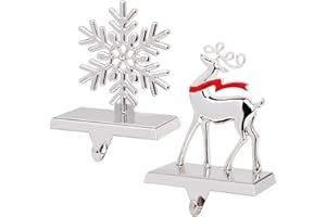 GUDELAK Christmas Stocking Holders for Mantle Set of 2, Silver Snowflake Stocking Holder & Reindeer Stocking Hanger for Fireplace Mantle Christmas Decorations, Can Bear Within 4.5 lb