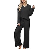 HNG Lounge Sets for Women Two Piece Outfits Fuzzy Fleece Pajama Set Long Sleeve Pullover Sweater Top and Wide Leg Pants