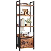 Furologee 5 Tier Bookshelf with Drawer, Tall Narrow Bookcase, Rustic Brown | 55.5'' Industrial Display Shelf, Space-Saving Storage Rack for Bedroom, Living Room, Office, Bathroom, Holds 30lbs per tier