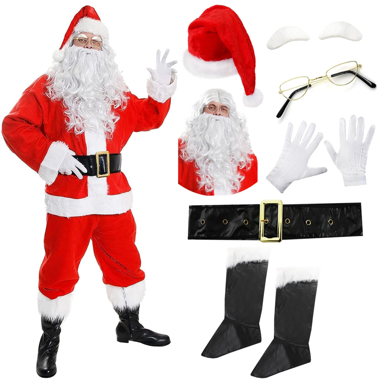 Deluxe Santa Suit Mens - Father Christmas Fancy Dress in 10 Pieces Inc. Jacket, Trousers, Hat, Wig, Beard, Eyebrows, Glasses, Gloves, Boot Covers & Belt