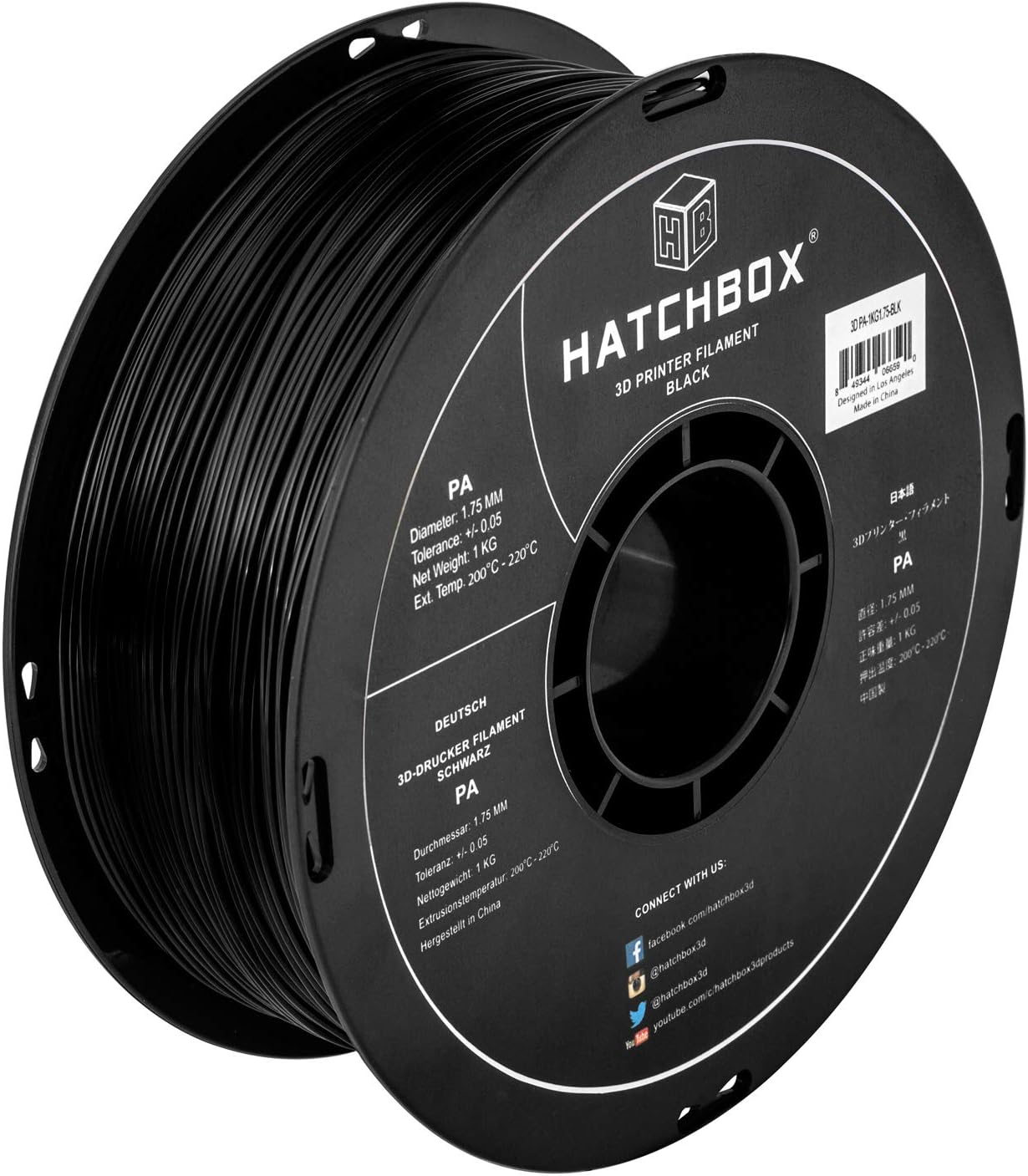 HATCHBOX PA Nylon 3D Printer Filament, Dimensional Accuracy +/- 0.05 mm, 1 kg Spool, 1.75 mm, Black