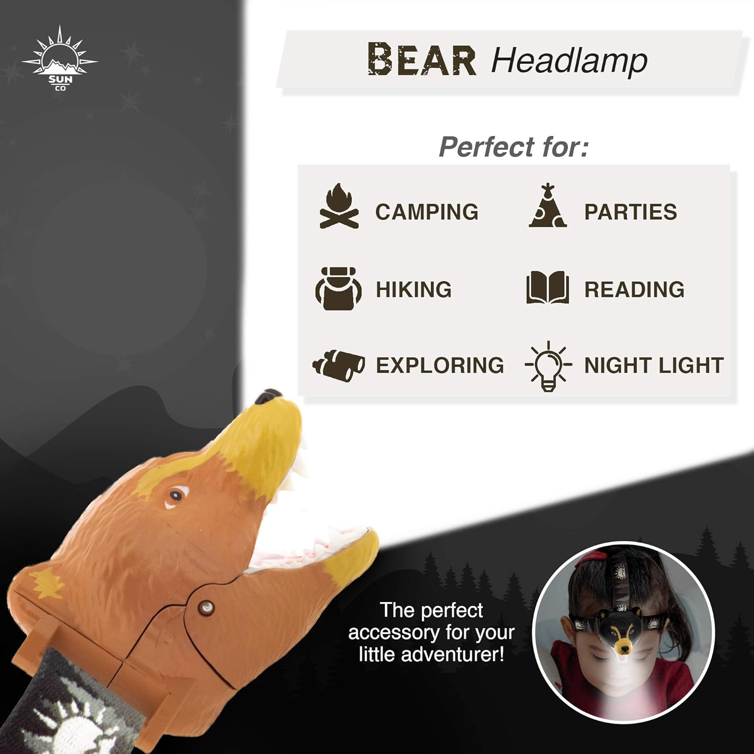 Sun Company Bear LED Headlamp - Bear Headlamps for Kids | Multiple Styles Available | Toy Head Lamp for Boys, Girls, or Adults | Perfect for Camping, Hiking, Reading, and Parties (Grizzly Bear) : Sports & Outdoors