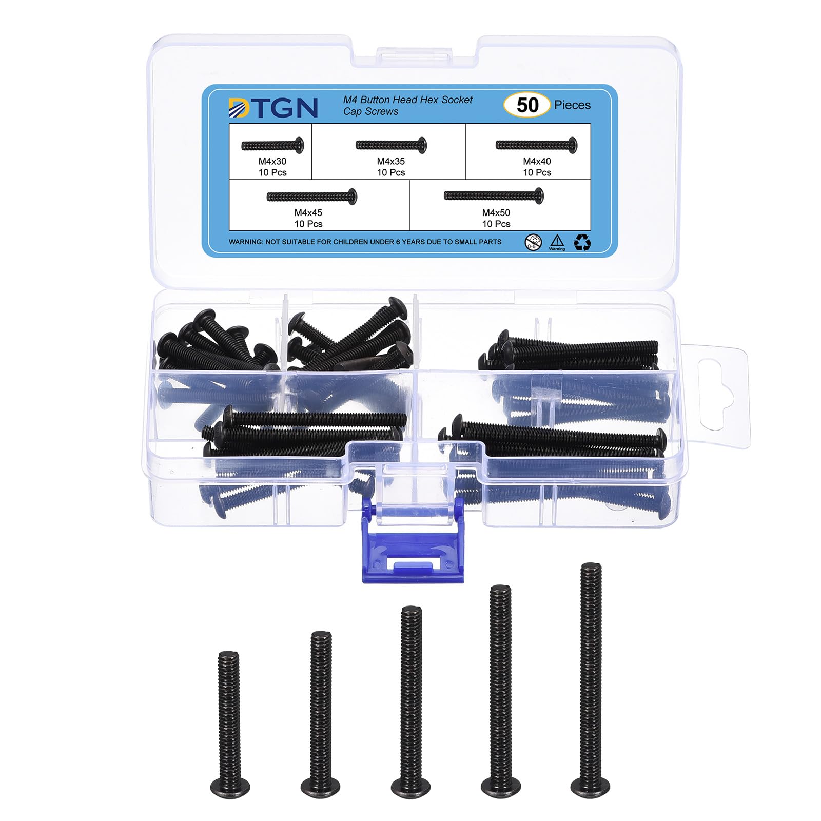 DTGN 50Pcs M4 Button Head Socket Cap Screws Kit - 30/35/40/45/50mm Carbon Steel Black Oxide Full Thread Hex Socket Cap Screw Assortment - Good for Machine, Furniture Repairing