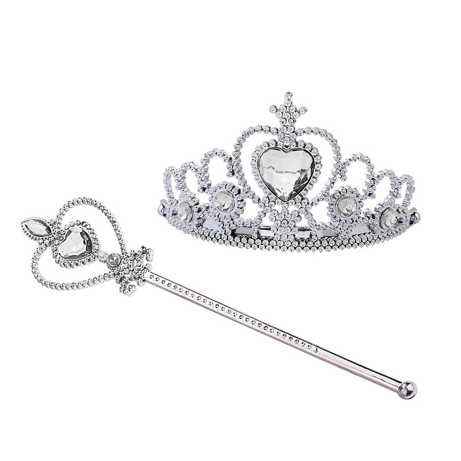Kuzhi Princess Queen Crown Tiara and Wand Set – Silver Heart Jewel (Silver)