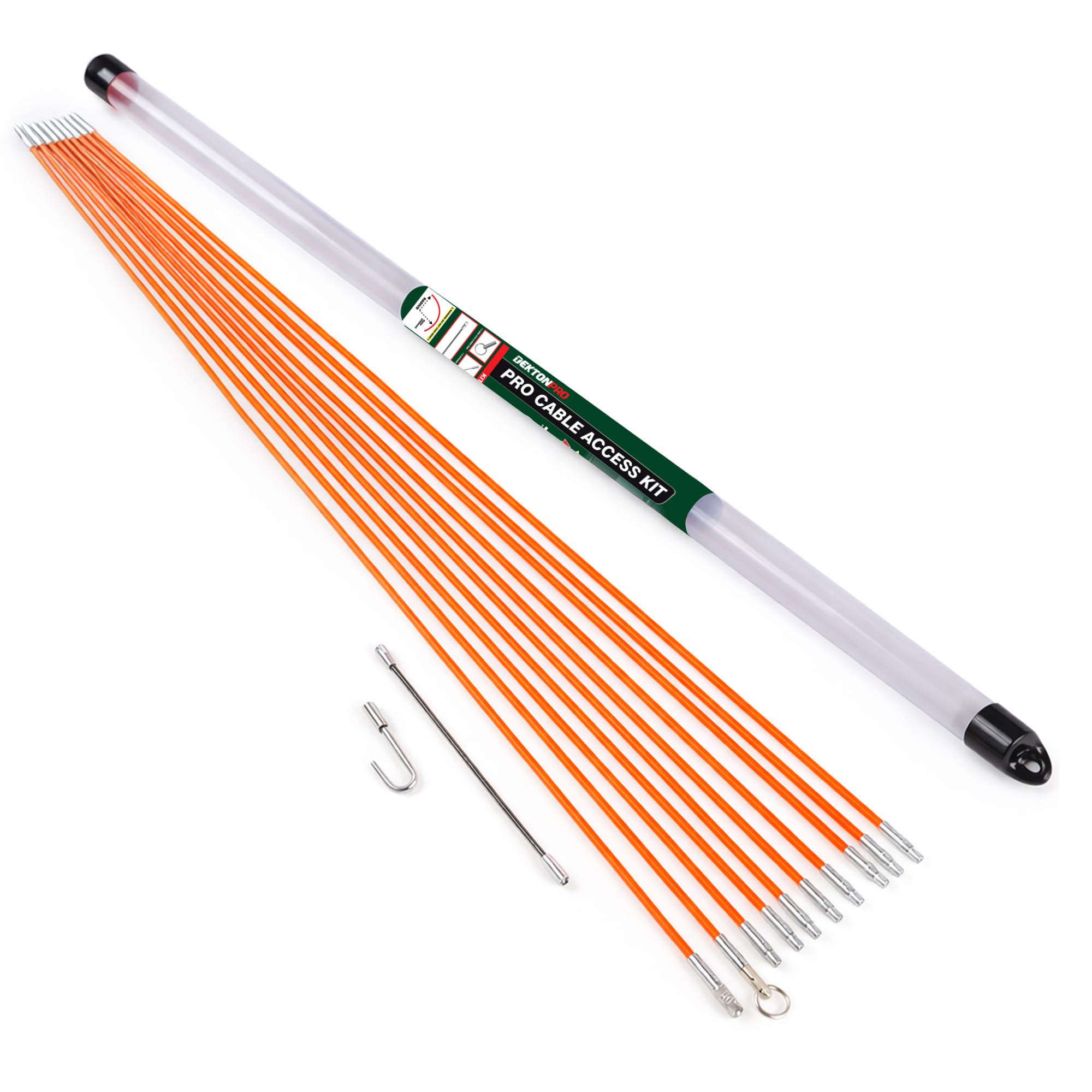 Dekton 10 x 1 Metre Pro Cable Access Kit, Reinforced Rods for Routing Cables Through Ceilings, Floors & Wall Cavities, Includes Hook End, Ring End & Flexible Extender for Precision Cable Installation