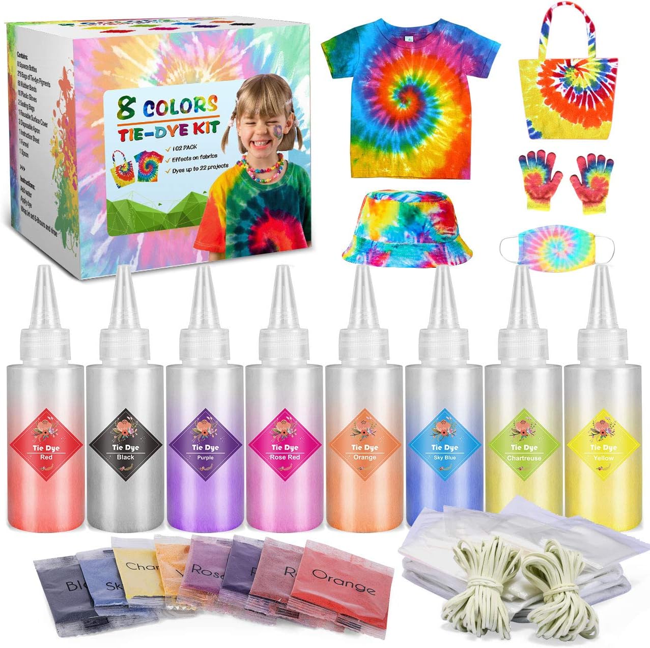 Emooqi Tie Dye Kit, 8 Textilfarben Set Farbstoff mit Gummibänder