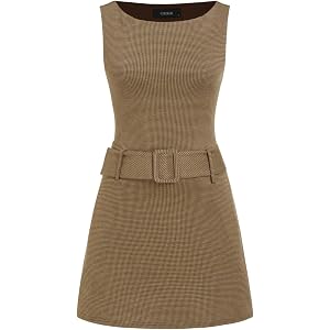 CIDER Plaid Mini Dress Houndstooth Belted Boat Neck Work Dress | Sleeveless Winter Dress with Belt, Elegant Fall Winter Outfi