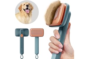 MEOWYOYO Dog Brush Cat Brush,Dog Brush for Shedding,Cat Brush With Release Button,Deshedding Dog Brush With Skin-friendly Soft Bristles 2 Level to Adjust for Long Short Haired Dogs Cats (Cyan)