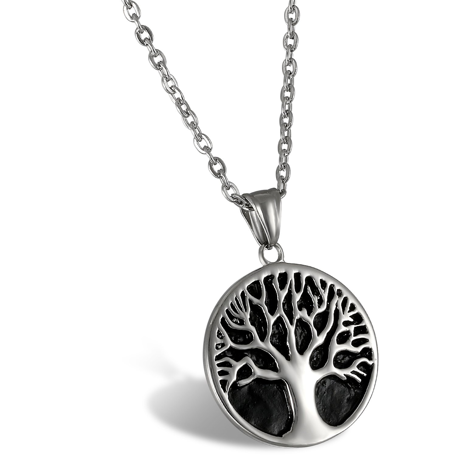 Flongo Men's Religious Silver Stainless Steel Vintage Tree of Life Pendant Necklace, Anniversary Christmas Valentine Gift Turkish Jewelry, 22 inches Chain