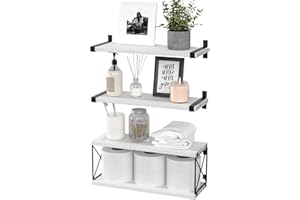 WOPITUES Floating Shelves Wall Mounted, Wood Bathroom Shelves with Extra Storage Shelf, Rustic Wall Shelves for Bathroom, Bedroom, Kitchen, Living Room, Plants - White