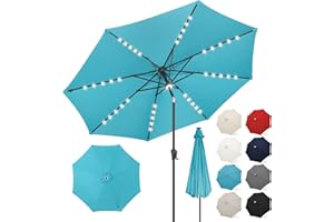 FLAME&SHADE 11 ft Solar Powered Outdoor Market Patio Table Umbrella with LED Lights and Tilt, Aqua Blue