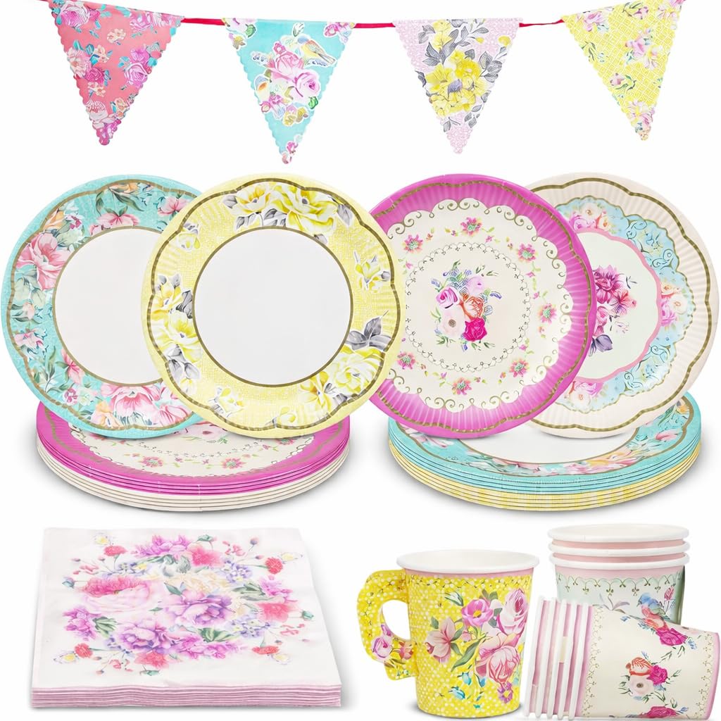 Talking Tables 50pcs Floral Disposable Tea Party Pack Pretty Tableware Set for Mother's Day, Baby Shower, Birthday Tableware Decorations for 16 Guests Napkins, Plates, Teacups, Double Sided Bunting 4m
