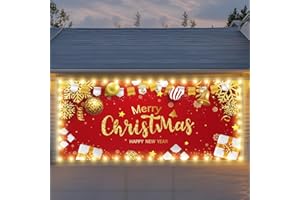 VRAINITO 7x16ft Double Garage Door Christmas Decorations, 2024 Christmas Garage Door Banner with LED String Lights, Large Christmas Garage Door Cover, Outdoor Christmas (Red-2)