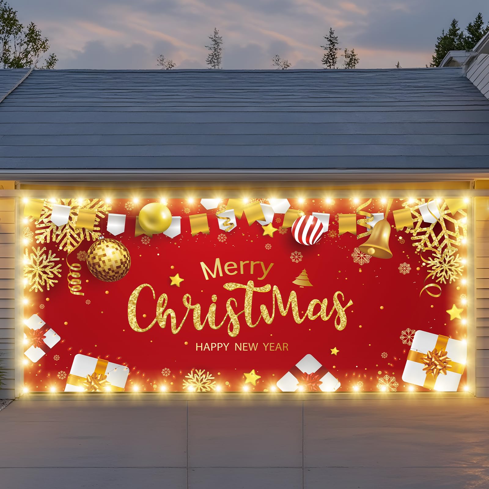 Photo 1 of 7x16ft Double Garage Door Christmas Decorations, 2024 Christmas Garage Door Banner with LED String Lights, Large Christmas Garage Door Cover, Outdoor Christmas (Red-2)