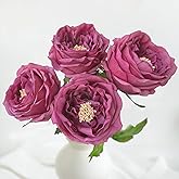 YalzoneMet 3.5'' Big Bloom Fuchsia Red Rose Artificial Flowers 4Pcs Real Touch Purple Rose Faux 17.7'' Long Stem Austen Roses Peonies Fake Flowers for Home Kitchen Party Christmas Flower Wedding Decor