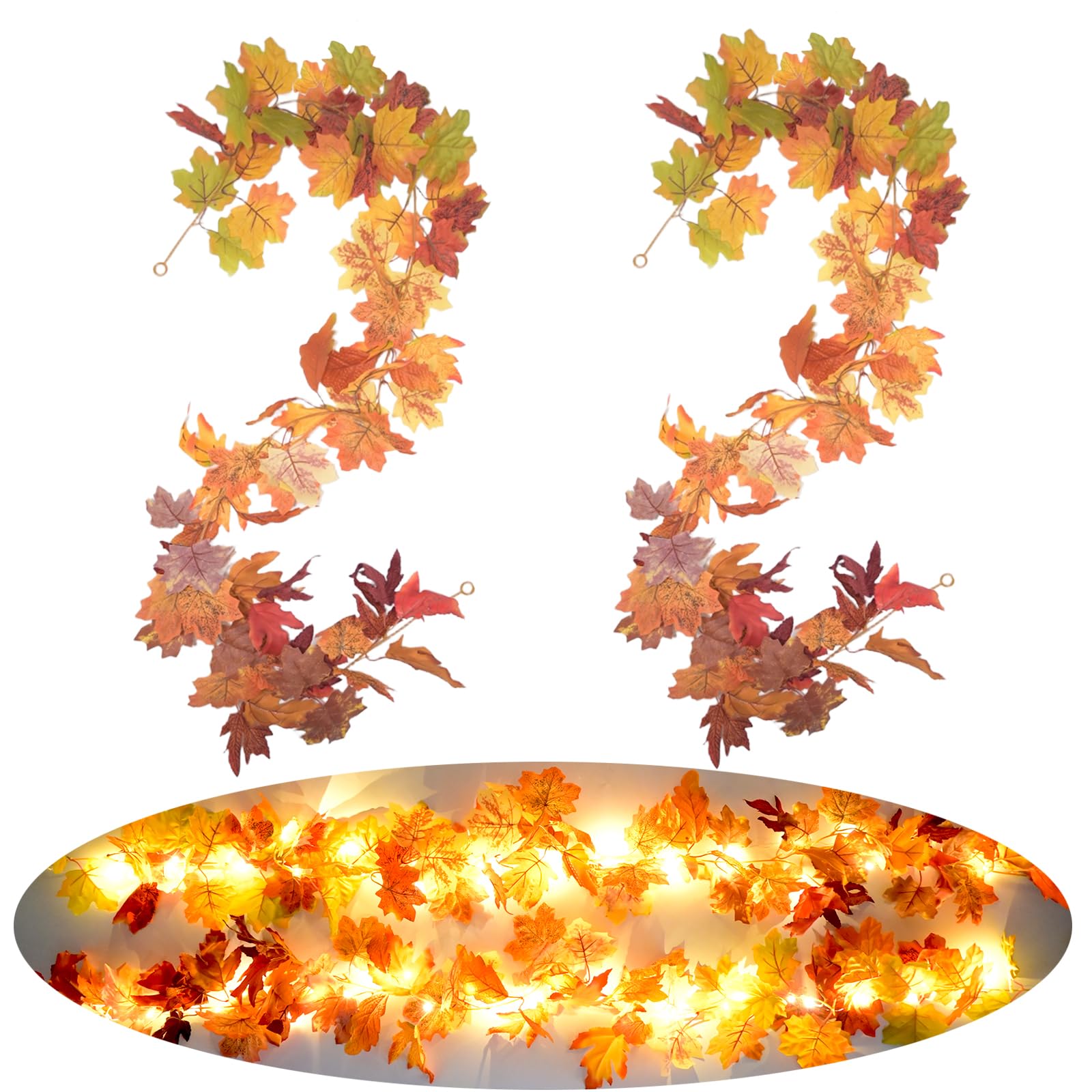 Photo 1 of 2 Pack Fall Garland Lights with Timer Maple Leaves Gradually Change from Green to Dark Red Fall Leaf Garland for Mantle Table Fireplace Wall Door Decor for Thanksgiving Farmhouse Harvest Christmas