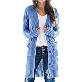 PRETTYGARDEN Long Sleeve Cable Knit Long Cardigan for Women 2026 Spring Winter Chunky Open Front Button Sweaters with Pockets
