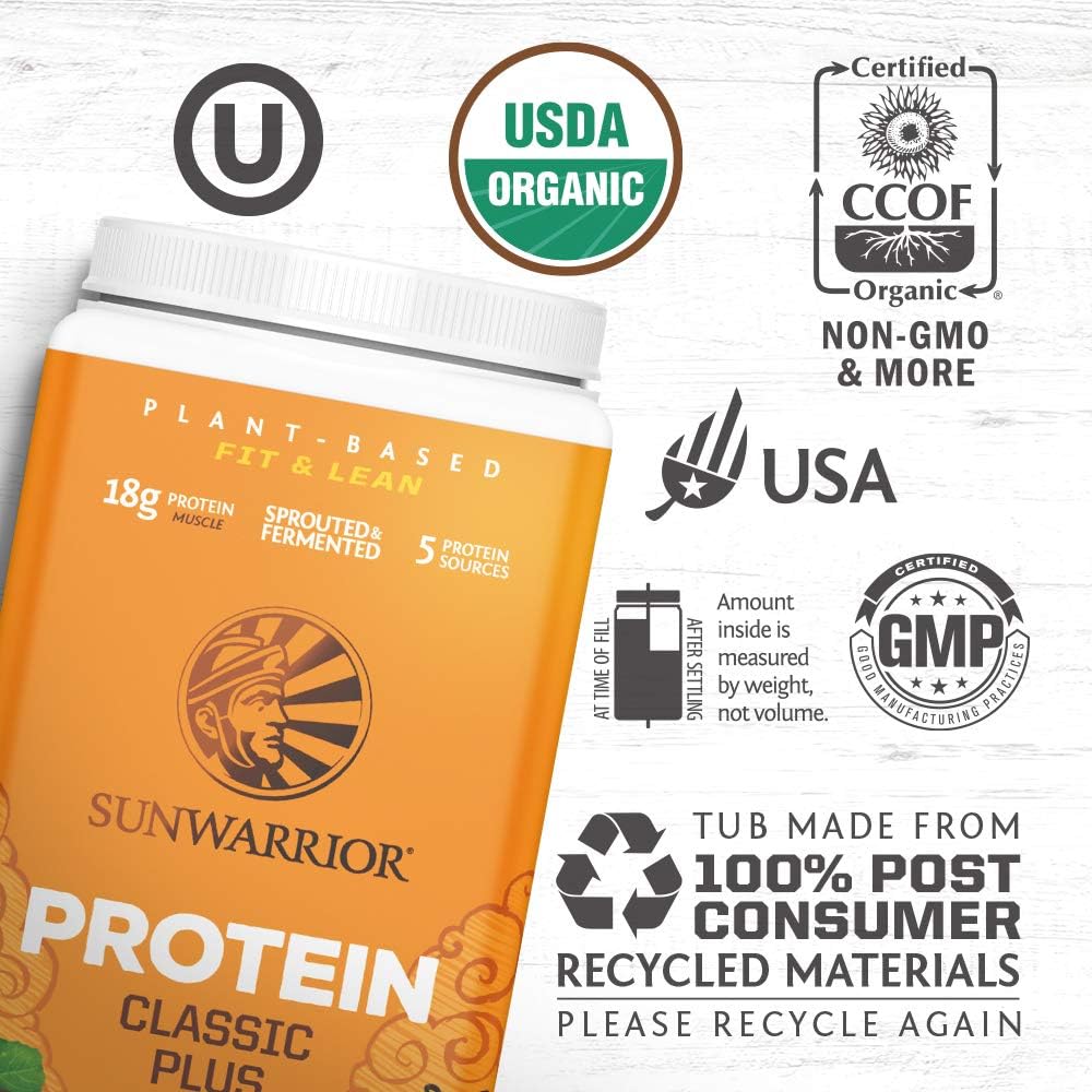 Sunwarrior Classic Plus Organic Vegan Protein Powder with BCAAs and Pea Protein (Vanilla, 30 Servings): Health & Personal Care
