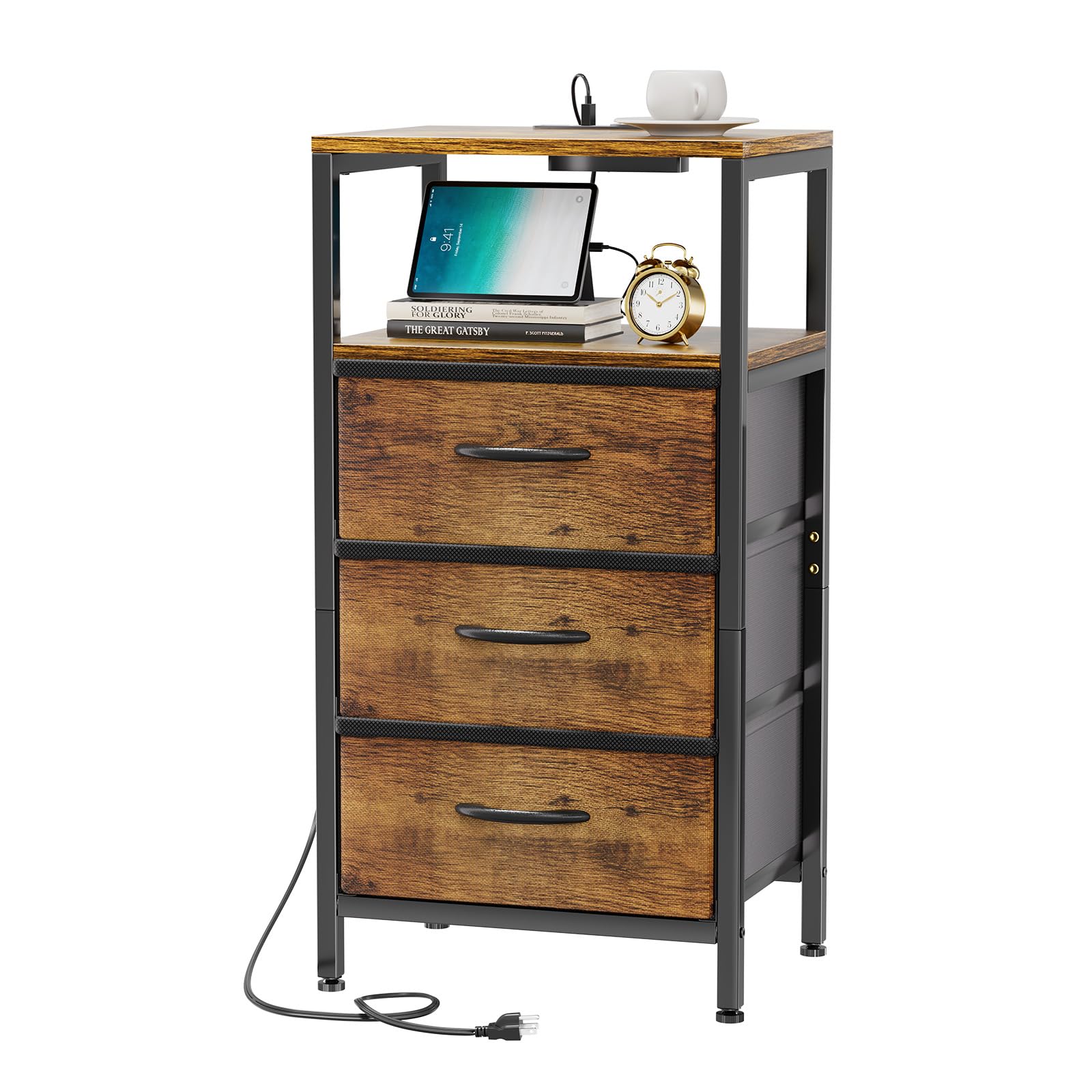 Photo 1 of Ekisemio Nightstand with Charging Station, Bedside Table with 3 Fabric Drawers, End Table with USB Ports and Outlets, Night Stand for Bedroom, Rustic Brown