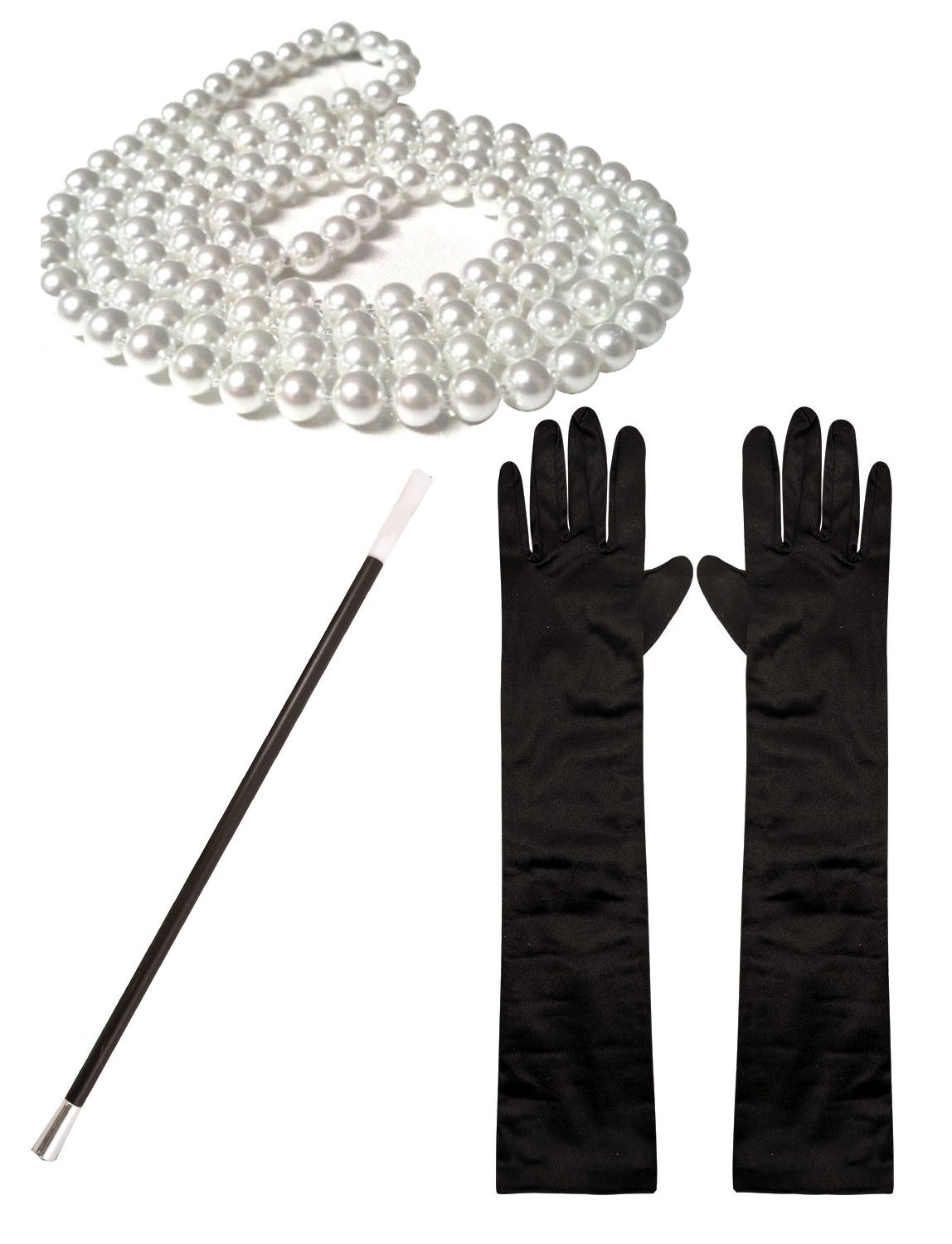 1920s Fancy Dress Charleston Flapper Pearl Beads Cigarette Holder Long Black Satin Gloves Set (Manchester Fancy Dress)