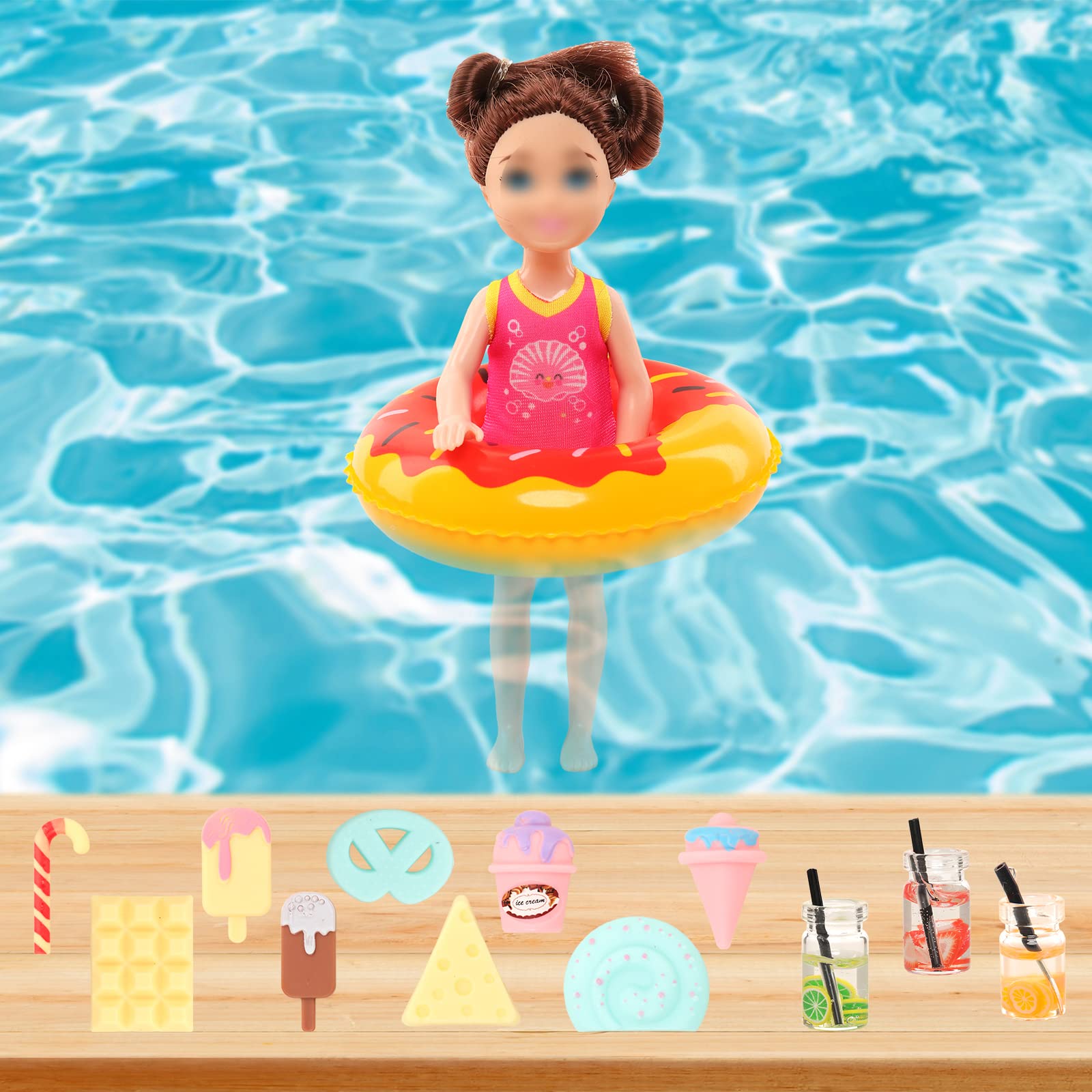 Miunana 22 Pcs Doll Summer Clothes and Accessories Including 3 Sets Random Fashion Outfits 3 Pcs Swimsuit Swimming Ring Mini Doll Shoes and Mini Doll Straw Hats for 5.3 Inch Doll