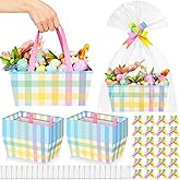 Funnymoom 24 Pcs Easter Basket for Gifts Empty Easter Plaid Gift Basket Empty to Fill with Handle, Transparent Bag and Bow for Spring Wedding Birthday Party Favor Supplies, 9.8 x 6.5 x 4.3''