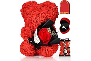 DERGO Rose Teddy Bear Gifts for Mom with LED Light Box, Artificial Flowers Forever with Analog Diamond Ring for Birthday and Wife Girlfriend Grandma Women (Red Bear)