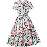 Women's 1950s Retro Dress Short Sleeve Floral Print Swing Dresses for Vintage Cocktail Party Rockabilly Dress
