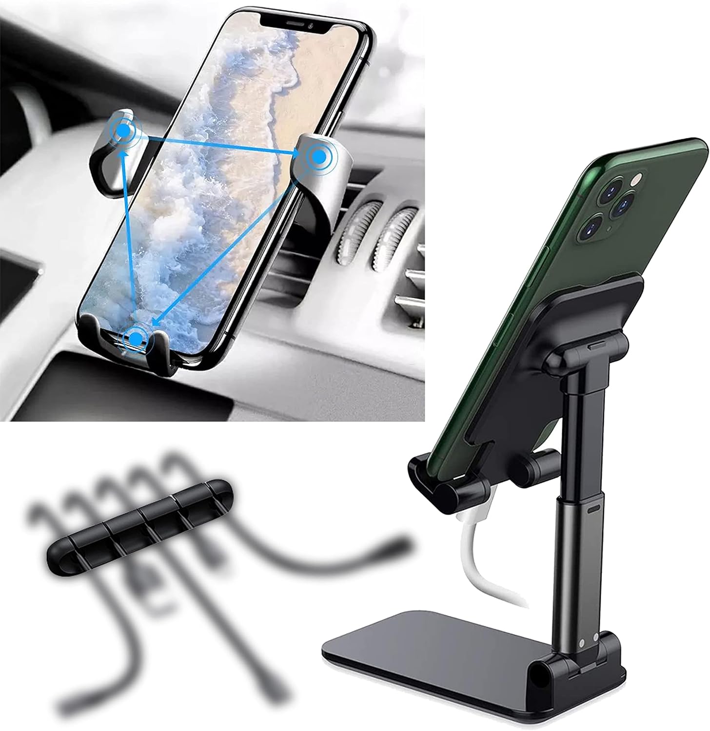 Car Phone Holder Mount-Cell Phone Stand Foldable, Angle & Height Adjustable,Universal Phone Car Air Vent Holder Cradle,Cable Clips-Cord Organizer,3in1 kit for with Most Mobile Phone/Tablet/iPad