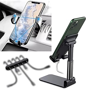 Car Phone Holder Mount-Cell Phone Stand Foldable, Angle & Height Adjustable,Universal Phone Car Air Vent Holder Cradle,Cable Clips-Cord Organizer,3in1 kit for with Most Mobile Phone/Tablet/iPad