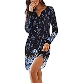 Ekouaer Women's Nightgown Long Sleeve Sleepshirt Button Down Nightshirt V Neck Pajama Dress with Pockets S-XXXL