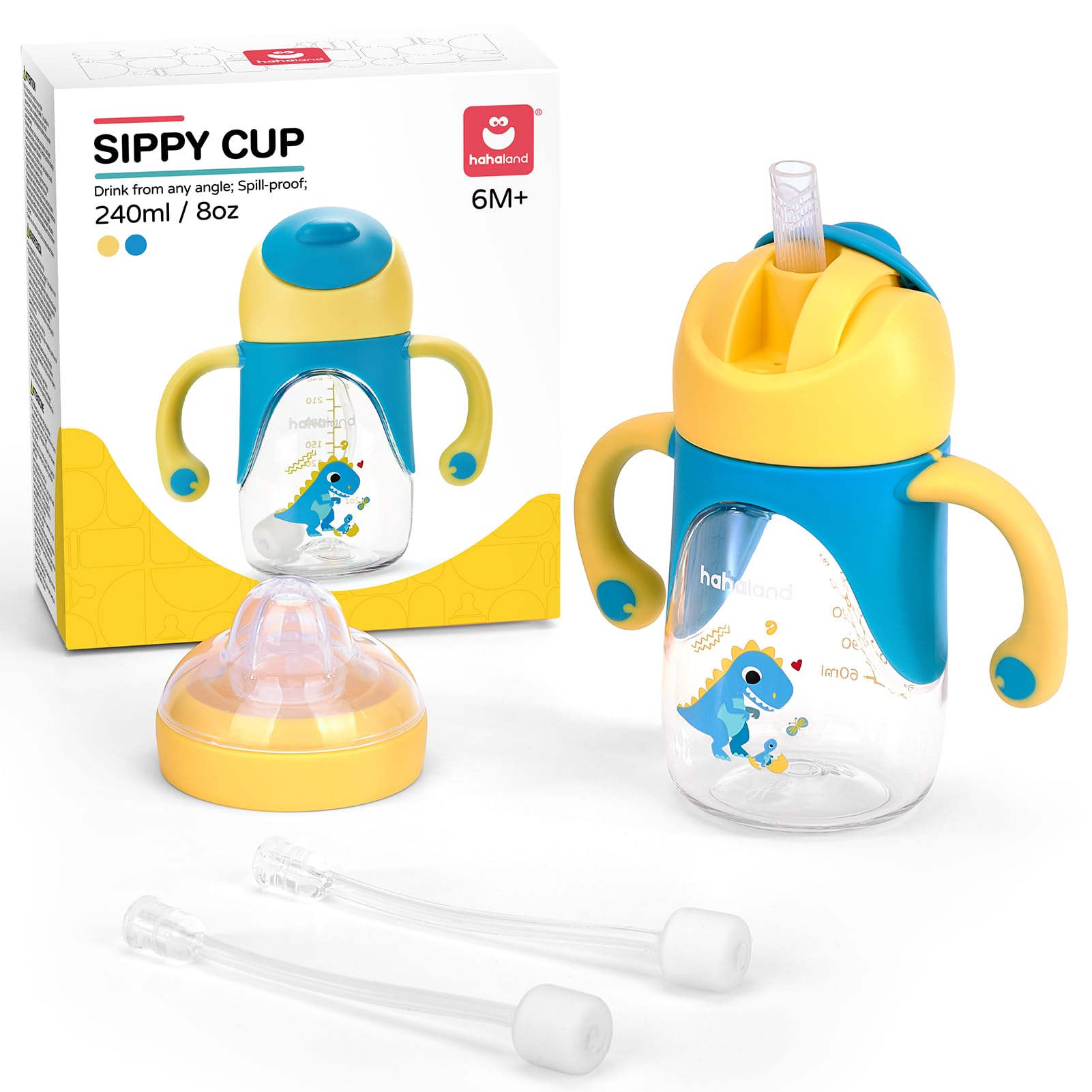 hahaland 2 in 1 Baby Cups & Sippy Cups with Straw and a Spout 240ML, Toddler Drinks Water Bottles Trainer Cup with Handles for Babies 6 12 Months - Unicorn (One Cup with 2 Nipples) (Dino Sippy Cups)