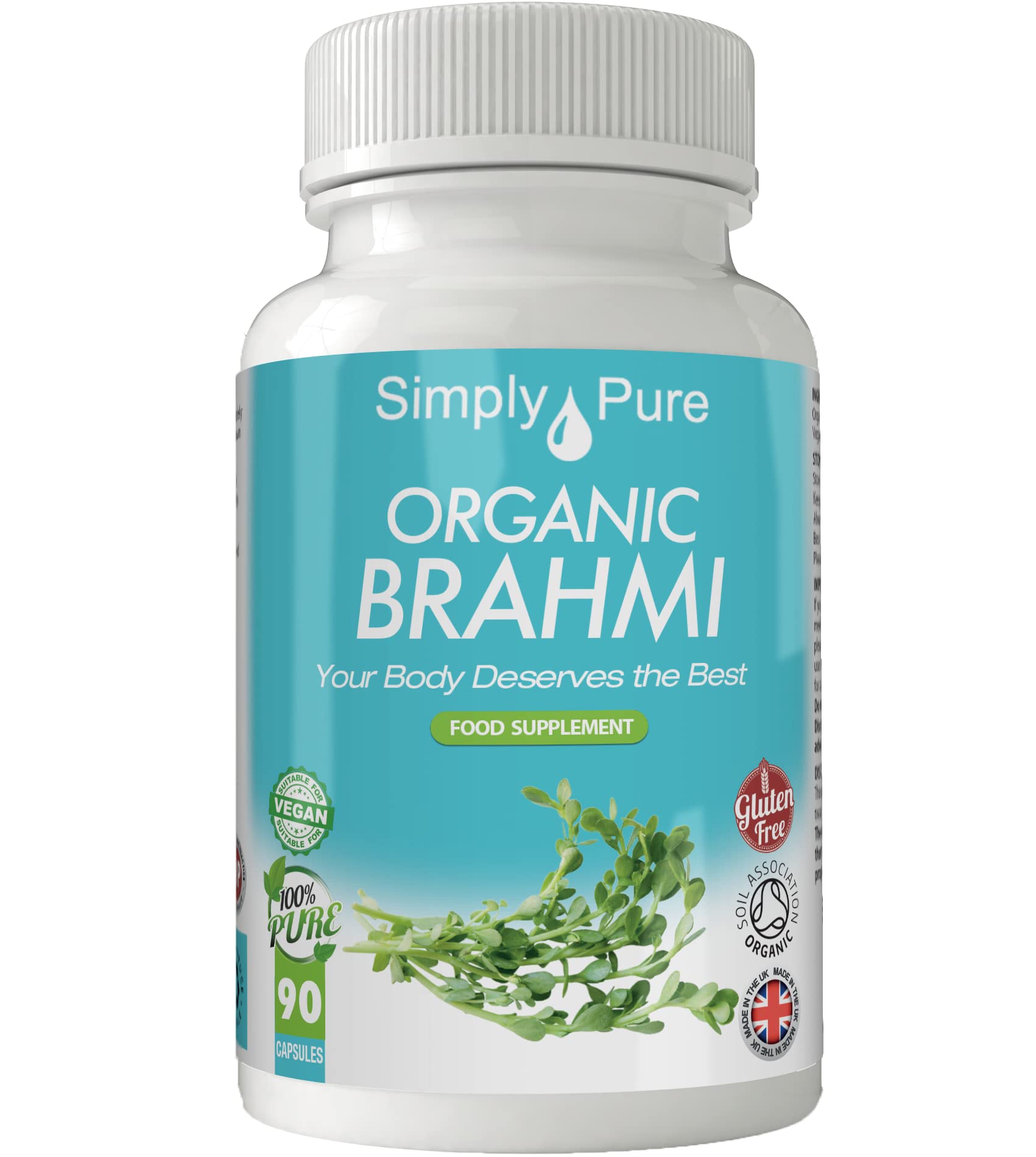 Simply Pure Organic Brahmi - Bacopa Monnieri - for Cognitive & Memory Support | 500mg Capsules x 90 | 100% Pure Soil Association Certified | Gluten Free | GM Free | Vegan