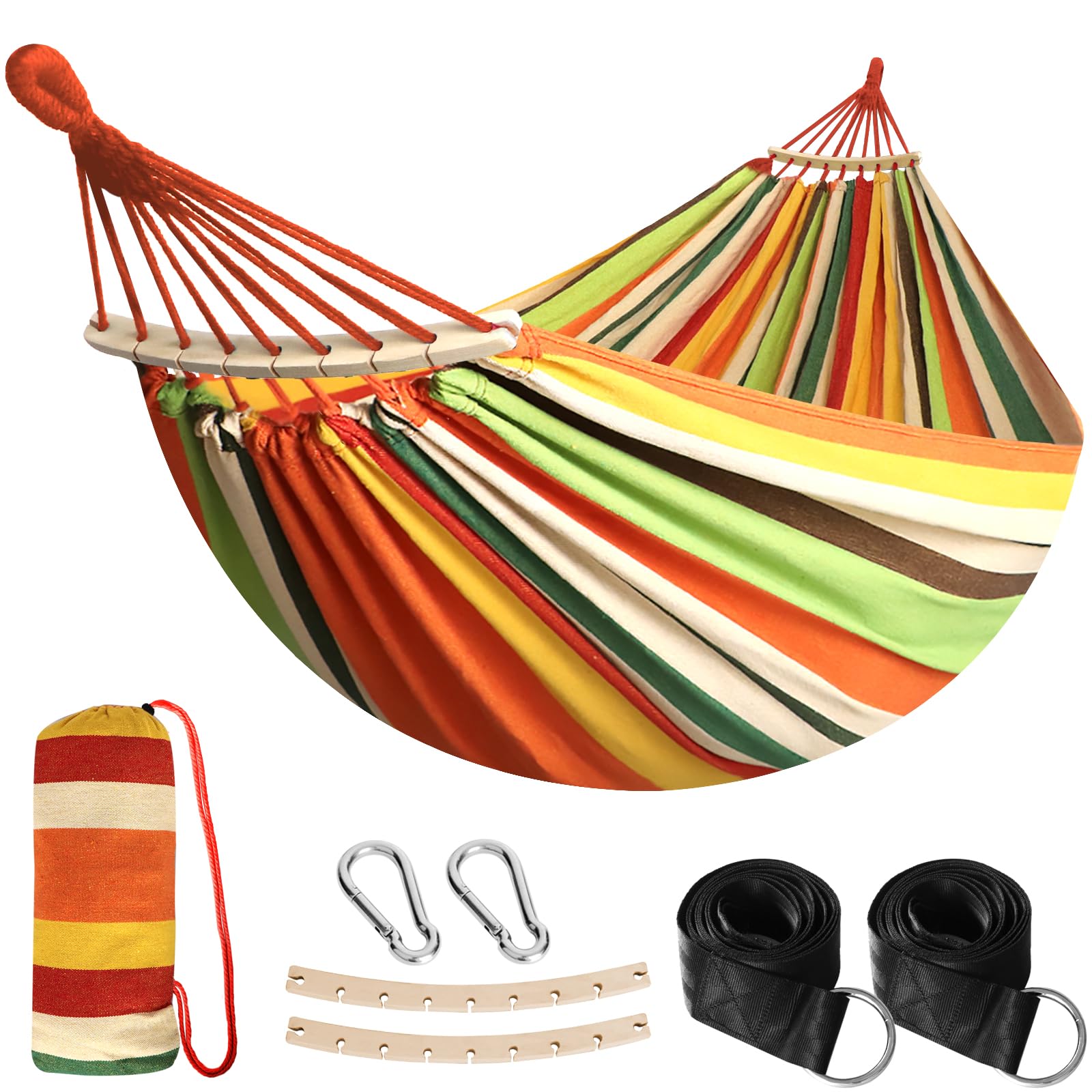 ANYOO Outdoor Cotton Hammock with Tree Straps, Portable Camping Hammock with Spreader Bars, Travel Bag for Indoor Balcony Garden Patio Yard