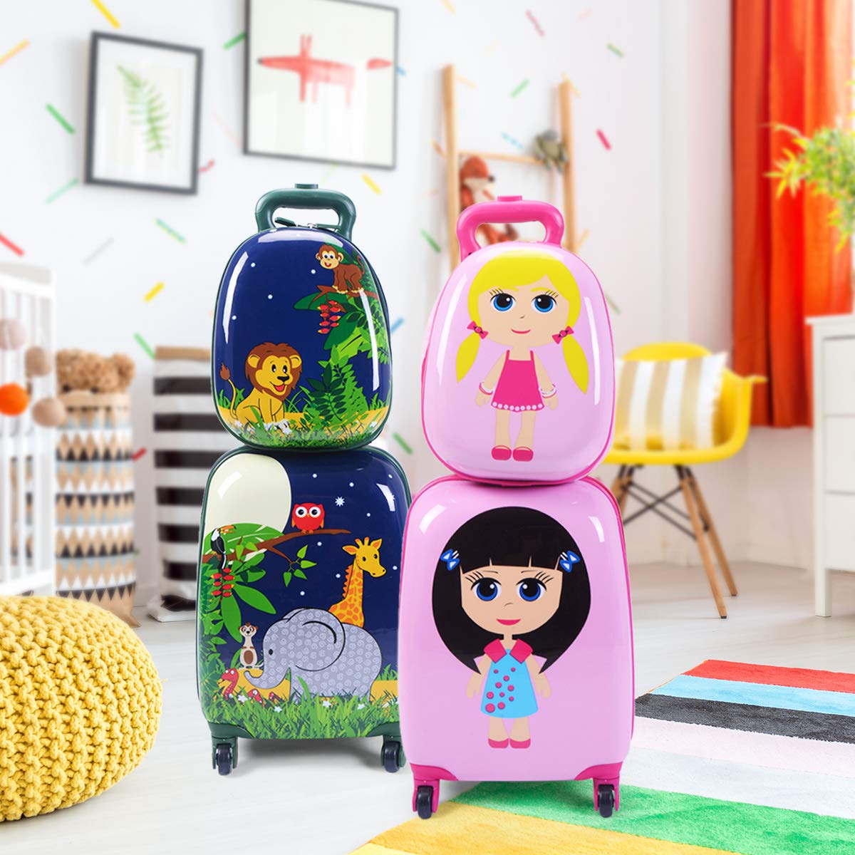 Goplus 2Pc 12" 16" Kids Carry On Luggage Set Upright Hard Side Hard Shell Suitcase School Travel