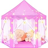 KIXINWA Pink Princess Tent for Girls, Kids Play Tent with LED Large Star Lights, Castle Playhouse Tent for Children Toddlers Indoor Outdoor Games, 55×53 Inches
