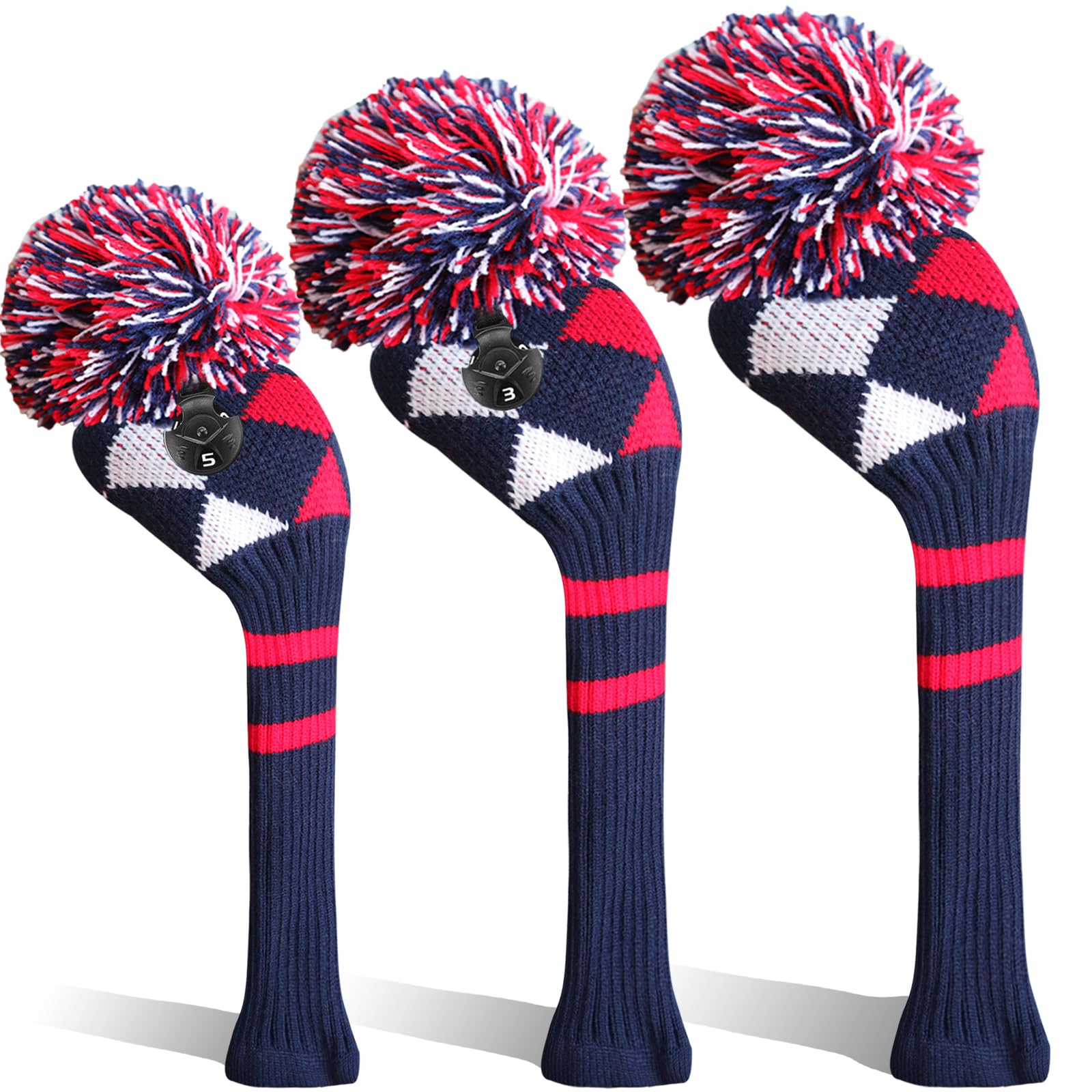 Golf Head Covers Woods Driver Fairway Hybrid 3 Pcs,Golf Headcover Pom Knitted Number 1 3 5 for Men Women Anti-Wrinkle Washable Soft Portable Color Blue Red (Blue/Red)