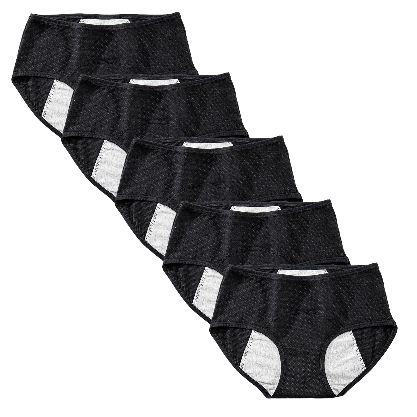 Anntry Teenager Girl's Breathable Cotton Period Panties Pack of 5pcs Menstrual Heavy Flow Womens Leak-Proof Underwear Briefs (Must Wear with Pad or Tampon) (L, 5Black)