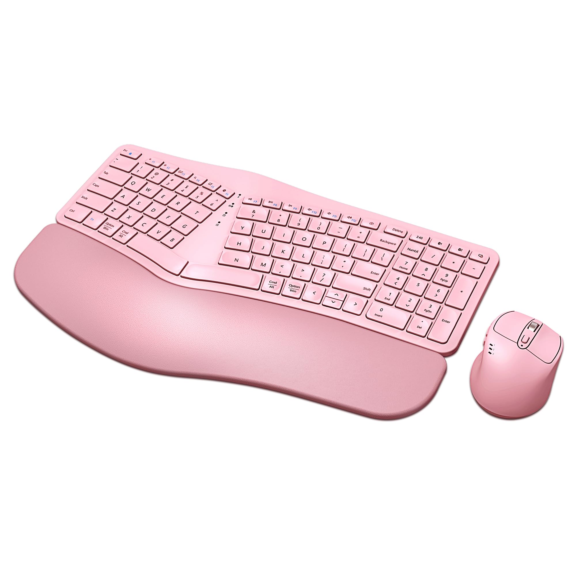 Photo 1 of MK960 Ergonomic Wireless Keyboard Mouse Combo, Bluetooth/2.4G Split Design Keyboard with Palm Rest and 4 Level DPI Adjustable Wireless Mouse Multi-Device, Rechargeable, for Windows/Mac/Android(Pink)