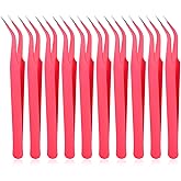 10 Pieces Tweezers for Crafting, Stainless Steel Curved Pointed Tweezers Precision Tweezer with Protective Cover for Eyelash Extensions Stickers Rhinestones Crafts (Rose Red)
