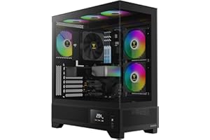 GAMDIAS Mid Tower Gaming Computer Case w/Display& App, ATX Tempered Glass PC Case, Built-in 3X 120mm ARGB PWM Fans, Up to RTX