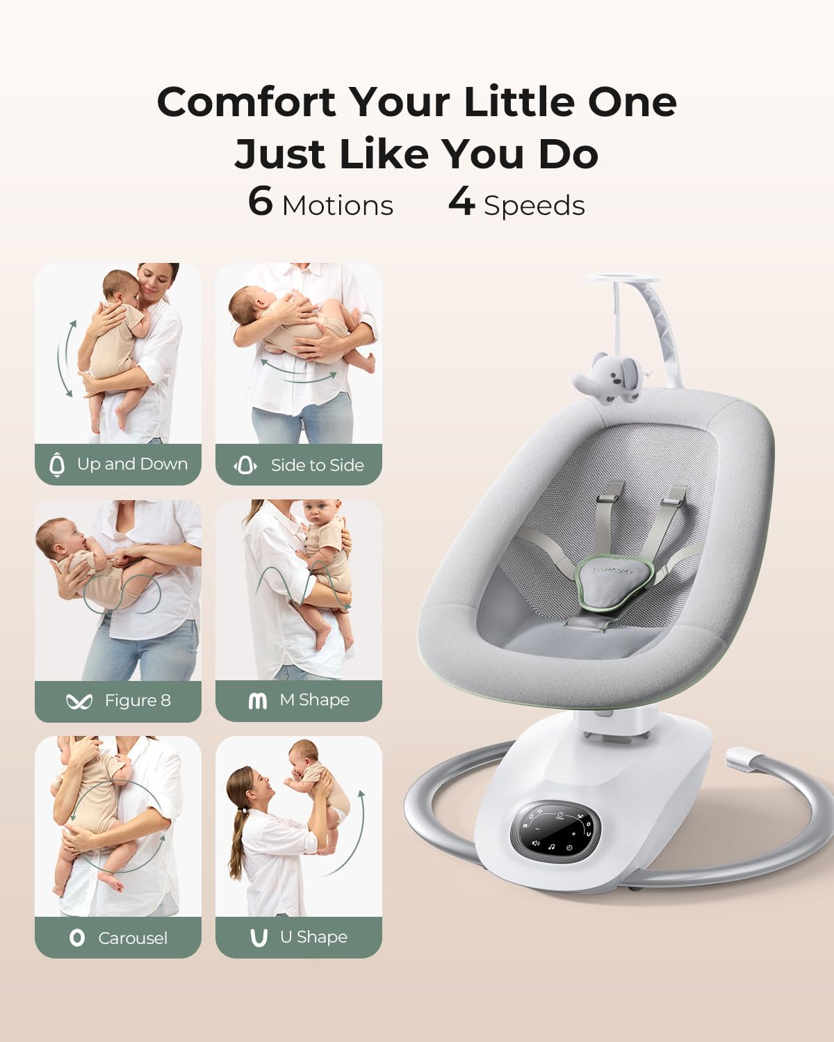 Momcozy CocoSway 3D-Motion Baby Swing for Infants to Toddlers, 6 Motion Modes & 4 Speeds, 180° Rotating Seat, Remote Control, Reclining Seat with 5-Point Harness, 8 Preset Lullabies, Grey