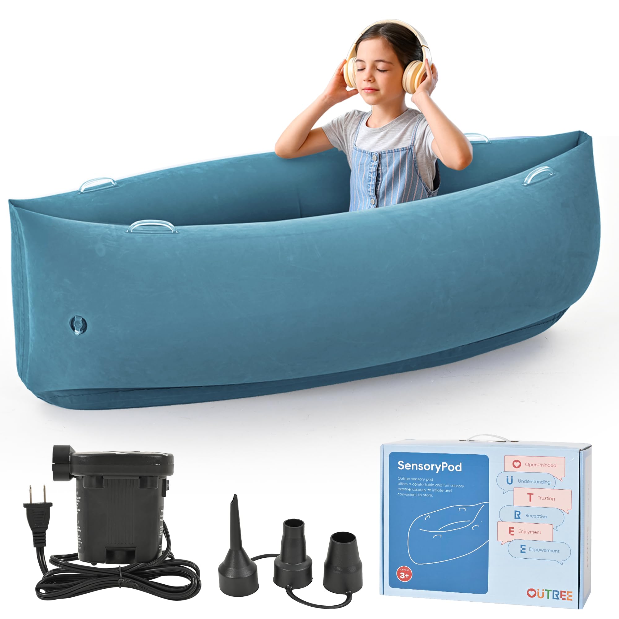 Photo 1 of (USED/UNKOWN DAMAGES) OUTREE Upgraded Sensory Chair for Kids — 60" Sensory Pod Inflatable Peapod for Children, Includes Electric Air Pump,Sensory Toys Giftfor Kids with Autism,Light Blue