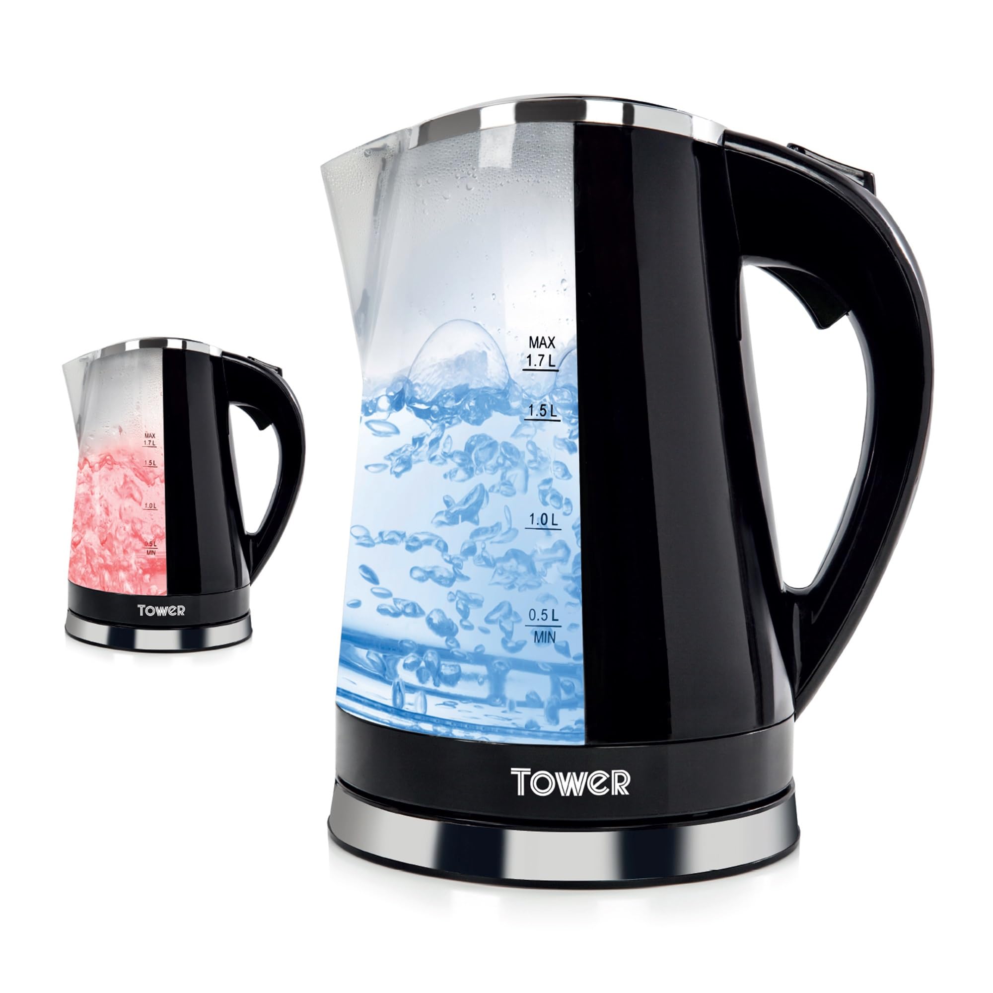 Tower T10012 LED Colour Changing Kettle, 360° Swivel Base, Large Viewing Window, Easy Fill Lid, Removable Filter, 1.7 Litre Capacity, 2200W, Black