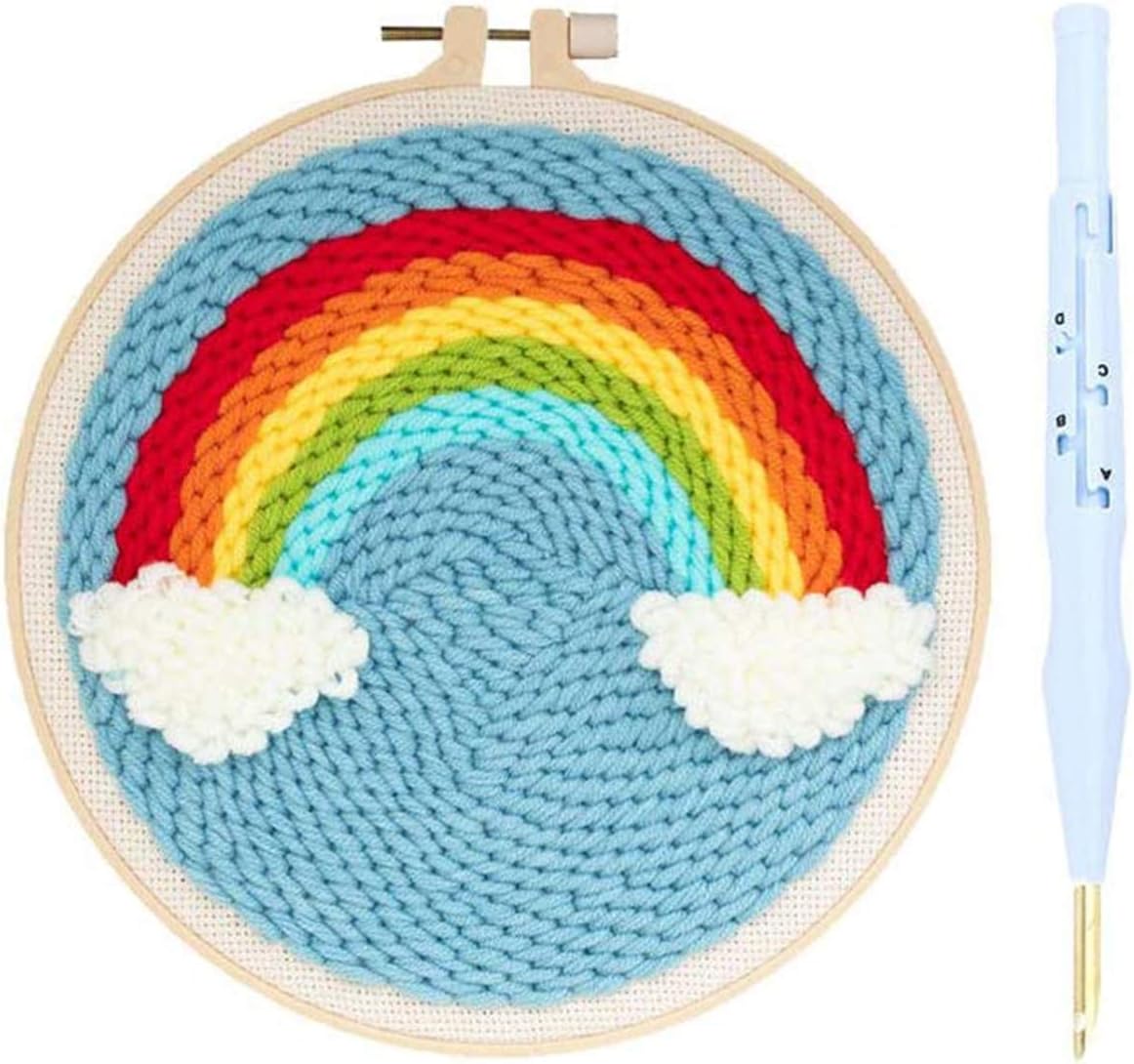 Punch Needle Embroidery Starter Kits Craft Needlework Stitching Kit Threader Fabric Embroidery Needles Stitching Punch Pen Craft Tool Set (Small Rainbow Style)