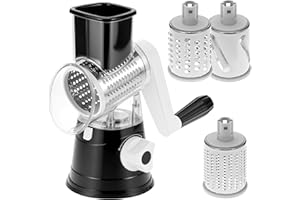 QWORK Cheese Grater Hand Crank, Rotary Vegetable Shredder, 3 in 1 Kitchen Speed Spin Veggie Slicer & Nut Grinder, Black